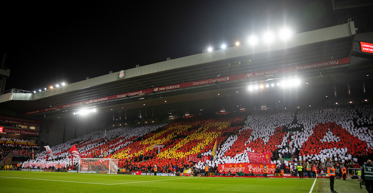 LIVERPOOL, ENGLAND - Wednesday, December 4, 2019: Liverpool supporters mosaic tribute to the 96 victims of the Hillsborough Stadium Disaster before the FA Premier League match between Liverpool FC and Everton FC, the 234th Merseyside Derby, at Anfield. (Pic by David Rawcliffe/Propaganda)