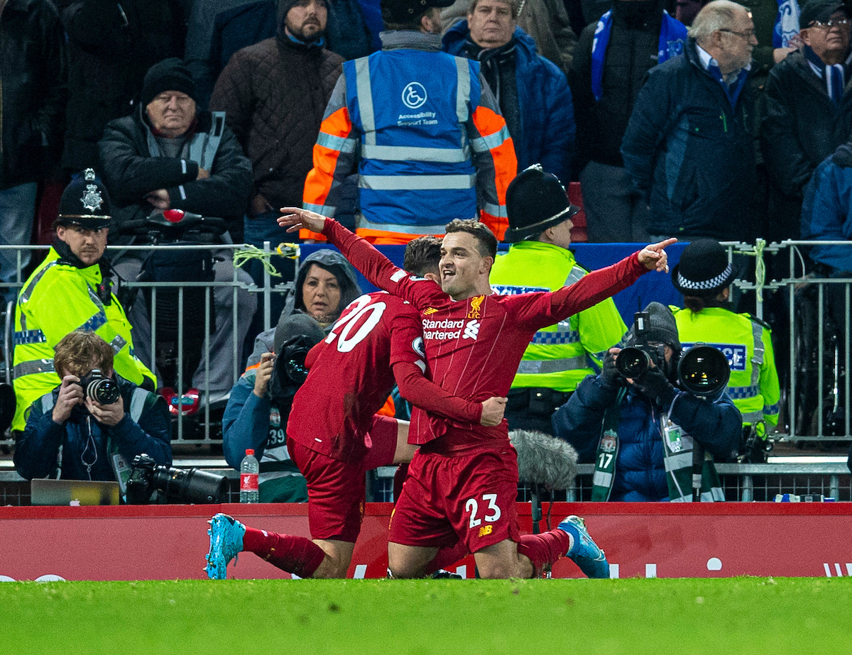 LIVERPOOL, ENGLAND - Wednesday, December 4, 2019: Liverpools Xherdan Shaqiri celebrates scoring the second goal during the FA Premier League match between Liverpool FC and Everton FC, the 234th Merseyside Derby, at Anfield. (Pic by David Rawcliffe/Propaganda)