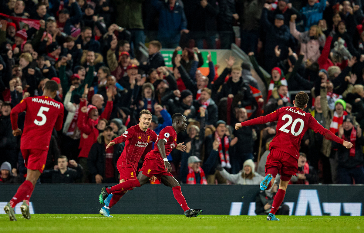 LIVERPOOL, ENGLAND - Wednesday, December 4, 2019: Liverpool's Sadio Mané celebrates scoring the fourth goal during the FA Premier League match between Liverpool FC and Everton FC, the 234th Merseyside Derby, at Anfield. (Pic by David Rawcliffe/Propaganda)