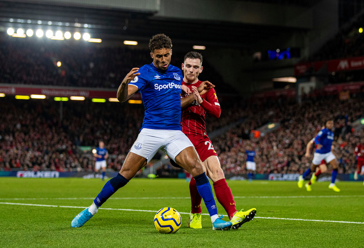 LIVERPOOL, ENGLAND - Wednesday, December 4, 2019: Everton's Dominic Calvert-Lewin (L) and Liverpool's Andy Robertson (R) during the FA Premier League match between Liverpool FC and Everton FC, the 234th Merseyside Derby, at Anfield. (Pic by David Rawcliffe/Propaganda)