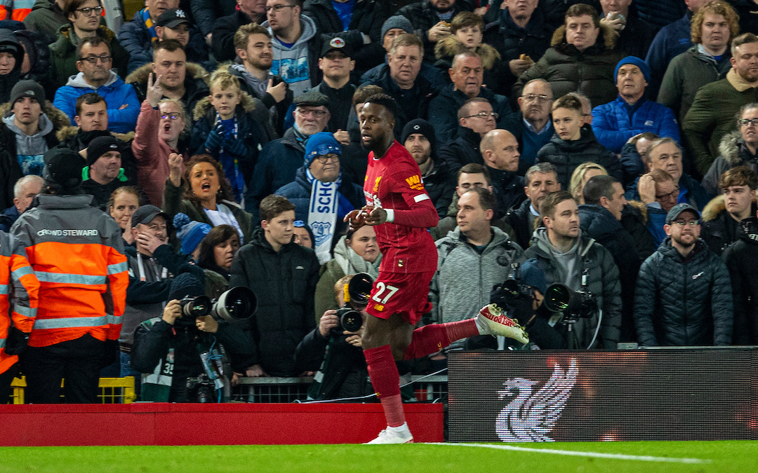 LIVERPOOL, ENGLAND - Wednesday, December 4, 2019: Liverpools Divock Origi celebrates scoring the first goal during the FA Premier League match between Liverpool FC and Everton FC, the 234th Merseyside Derby, at Anfield. (Pic by David Rawcliffe/Propaganda)