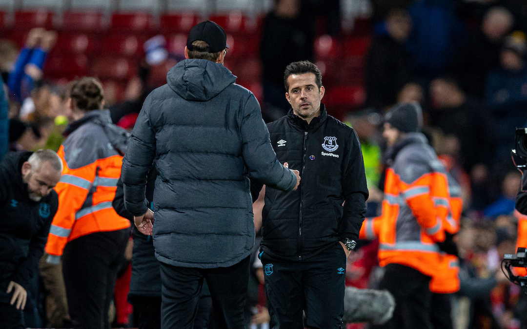 LIVERPOOL, ENGLAND - Wednesday, December 4, 2019: A dejected Everton's manager Marco Silva goes to shake hands with Liverpool's manager Jürgen Klopp during the FA Premier League match between Liverpool FC and Everton FC, the 234th Merseyside Derby, at Anfield. Liverpool won 5-2. (Pic by David Rawcliffe/Propaganda)