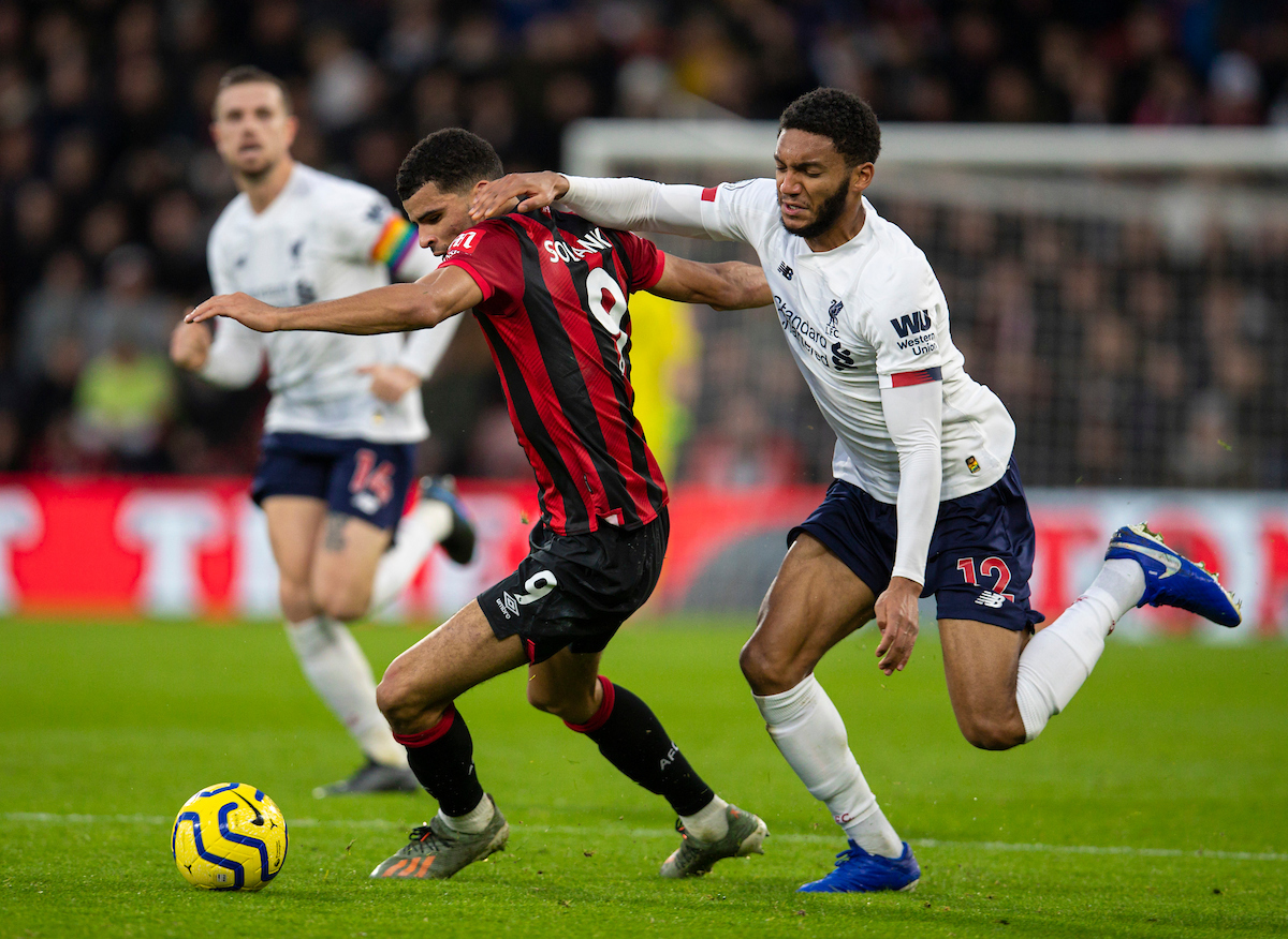 BOURNEMOUTH, ENGLAND - Saturday, December 7, 2019: Liverpool's Joe Gomez (L) tackles AFC Bournemouth's Dominic Solanke during the FA Premier League match between AFC Bournemouth and Liverpool FC at the Vitality Stadium. (Pic by David Rawcliffe/Propaganda)