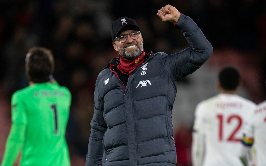 BOURNEMOUTH, ENGLAND - Saturday, December 7, 2019: Liverpool's manager Jürgen Klopp celebrates after the FA Premier League match between AFC Bournemouth and Liverpool FC at the Vitality Stadium. Liverpool won 3-0. (Pic by David Rawcliffe/Propaganda)