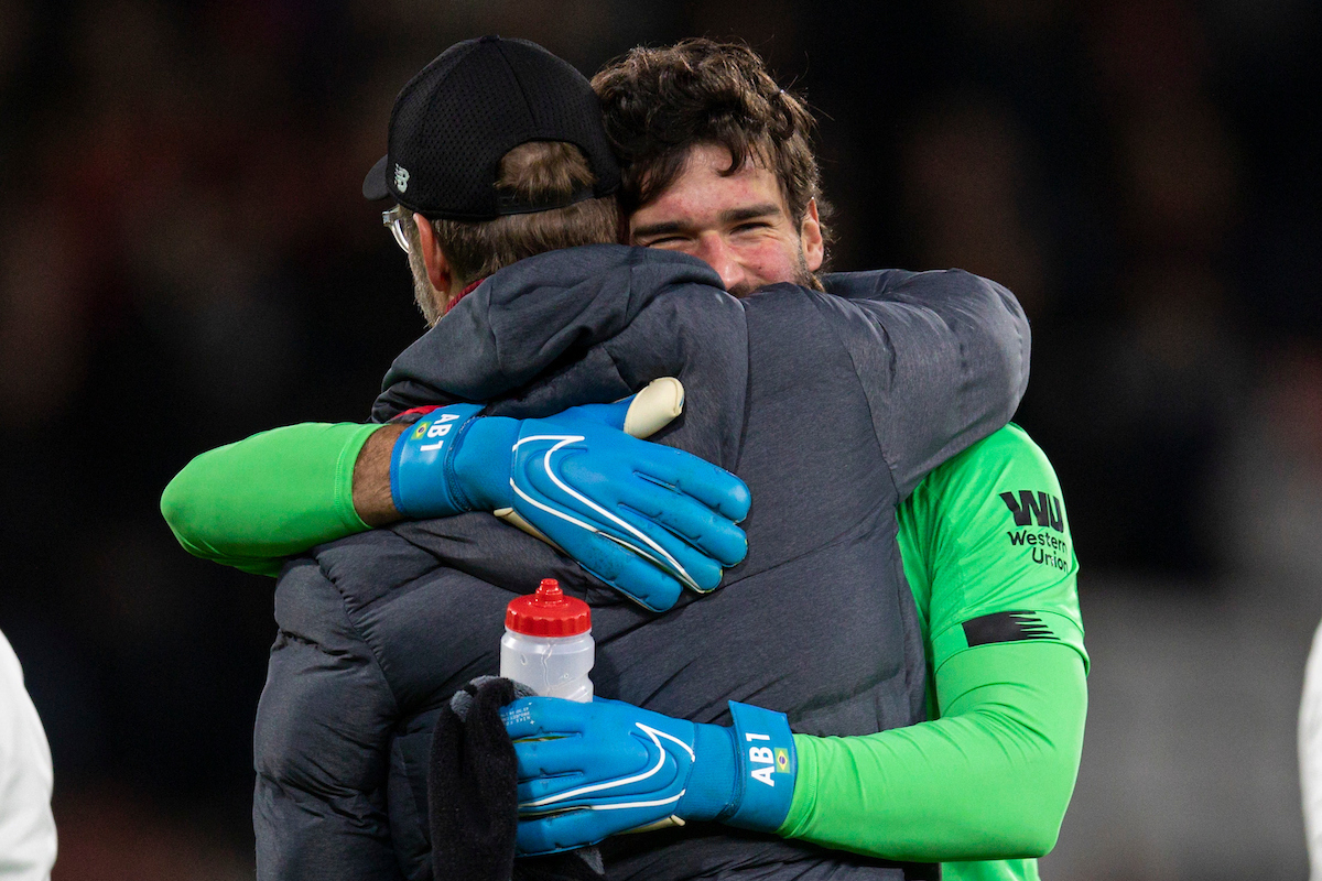 BOURNEMOUTH, ENGLAND - Saturday, December 7, 2019: Liverpool's goalkeeper Alisson Becker celebrates with manager Jürgen Klopp after the FA Premier League match between AFC Bournemouth and Liverpool FC at the Vitality Stadium. Liverpool won 3-0. (Pic by David Rawcliffe/Propaganda)