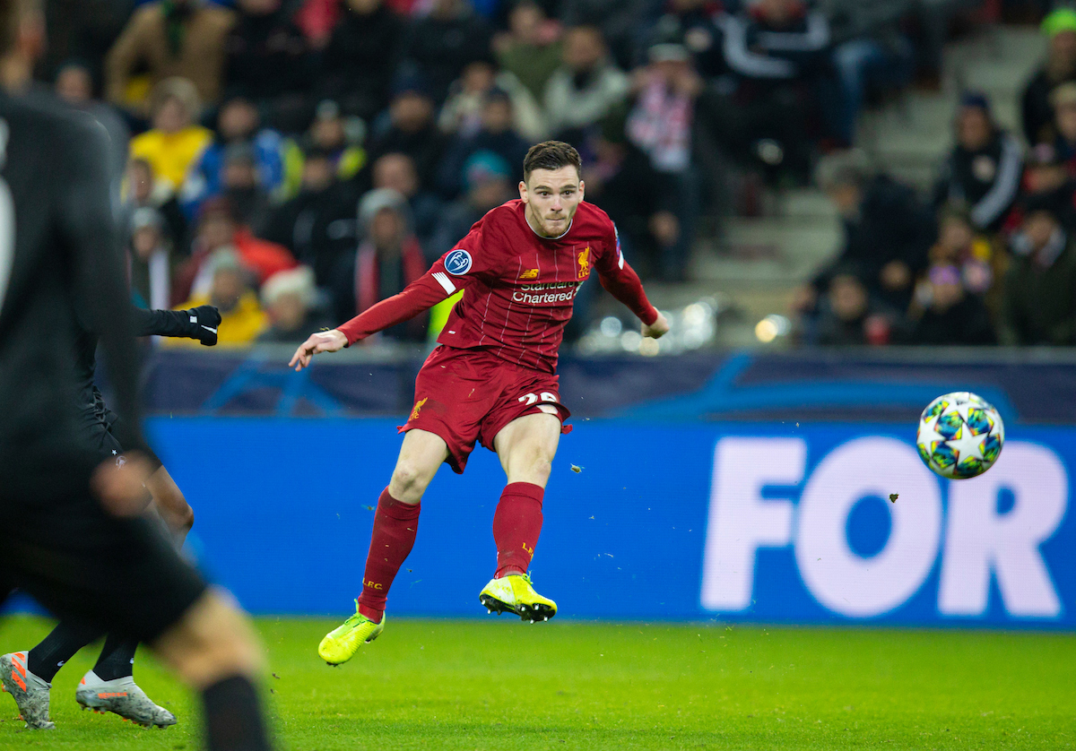SALZBURG, AUSTRIA - Tuesday, December 10, 2019: Liverpool's Andy Robertson shoots during the final UEFA Champions League Group E match between FC Salzburg and Liverpool FC at the Red Bull Arena. (Pic by David Rawcliffe/Propaganda)