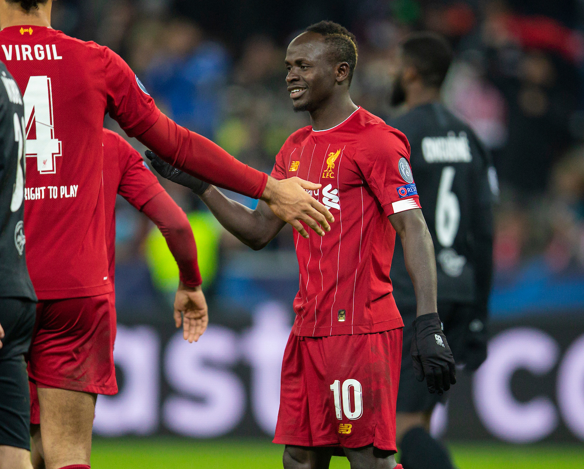 SALZBURG, AUSTRIA - Tuesday, December 10, 2019: Liverpool's Sadio Mané celebrates scoring the first goal during the final UEFA Champions League Group E match between FC Salzburg and Liverpool FC at the Red Bull Arena. (Pic by David Rawcliffe/Propaganda)
