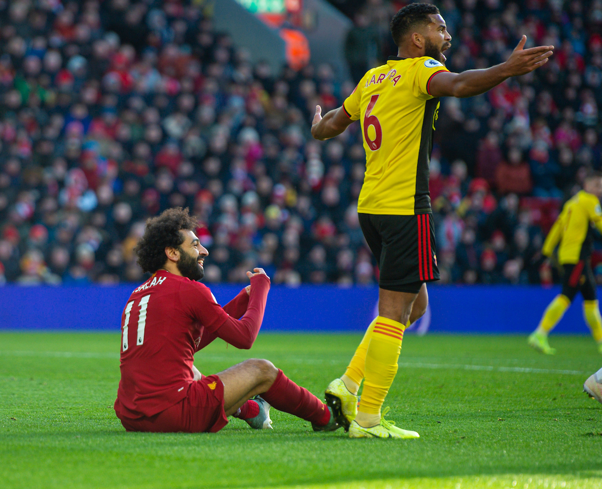 LIVERPOOL, ENGLAND - Saturday, December 14, 2019: Liverpool's Mohamed Salah appelas for a penalty during the FA Premier League match between Liverpool FC and Watford FC at Anfield. (Pic by Richard Roberts/Propaganda)