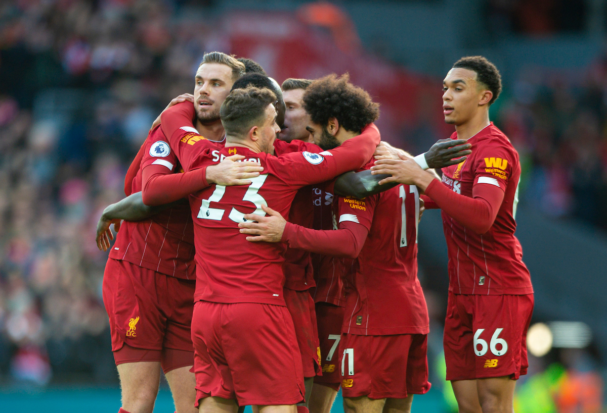 LIVERPOOL, ENGLAND - Saturday, December 14, 2019: Liverpool's Mohamed Salah celebrates scoring the first goal with team-mates during the FA Premier League match between Liverpool FC and Watford FC at Anfield. (Pic by Richard Roberts/Propaganda)