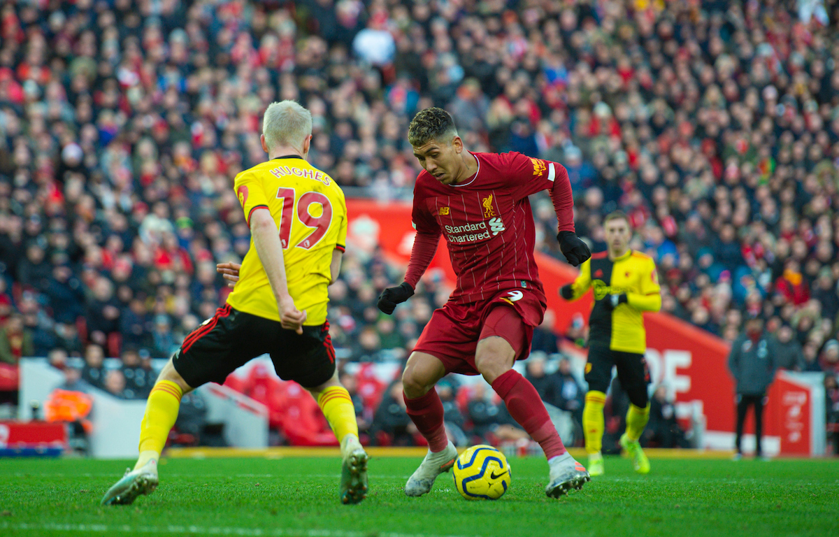 LIVERPOOL, ENGLAND - Saturday, December 14, 2019: Liverpool's Roberto Firmino (R) and Watford's Will Hughes during the FA Premier League match between Liverpool FC and Watford FC at Anfield. (Pic by Richard Roberts/Propaganda)