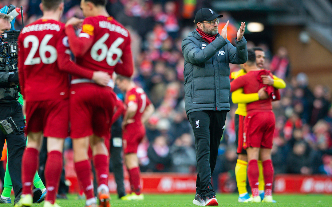 LIVERPOOL, ENGLAND - Saturday, December 14, 2019: Liverpool's manager Jürgen Klopp celebrates after the FA Premier League match between Liverpool FC and Watford FC at Anfield. Liverpool won 2-0. (Pic by Richard Roberts/Propaganda)