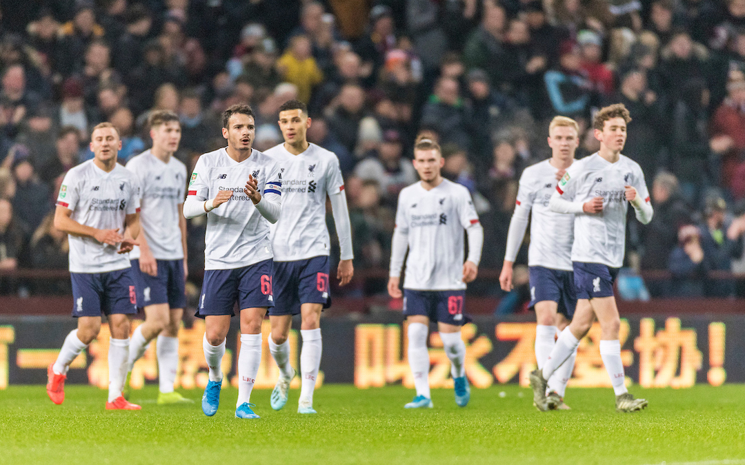 BIRMINGHAM, ENGLAND - Tuesday, December 17, 2019: Liverpool players show a look of dejection after conceding the opening goal during the Football League Cup Quarter-Final between Aston Villa FC and Liverpool FC at Villa Park. (Pic by Paul Greenwood/Propaganda)