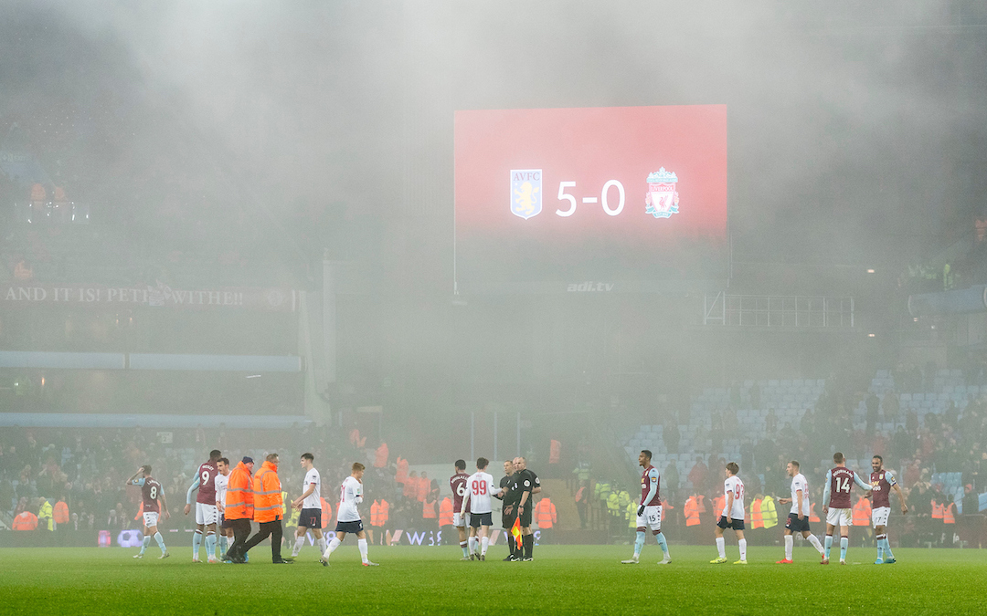 The scoreboard reads 5-0 after the Football League Cup Quarter-Final between Aston Villa FC and Liverpool FC at Villa Park