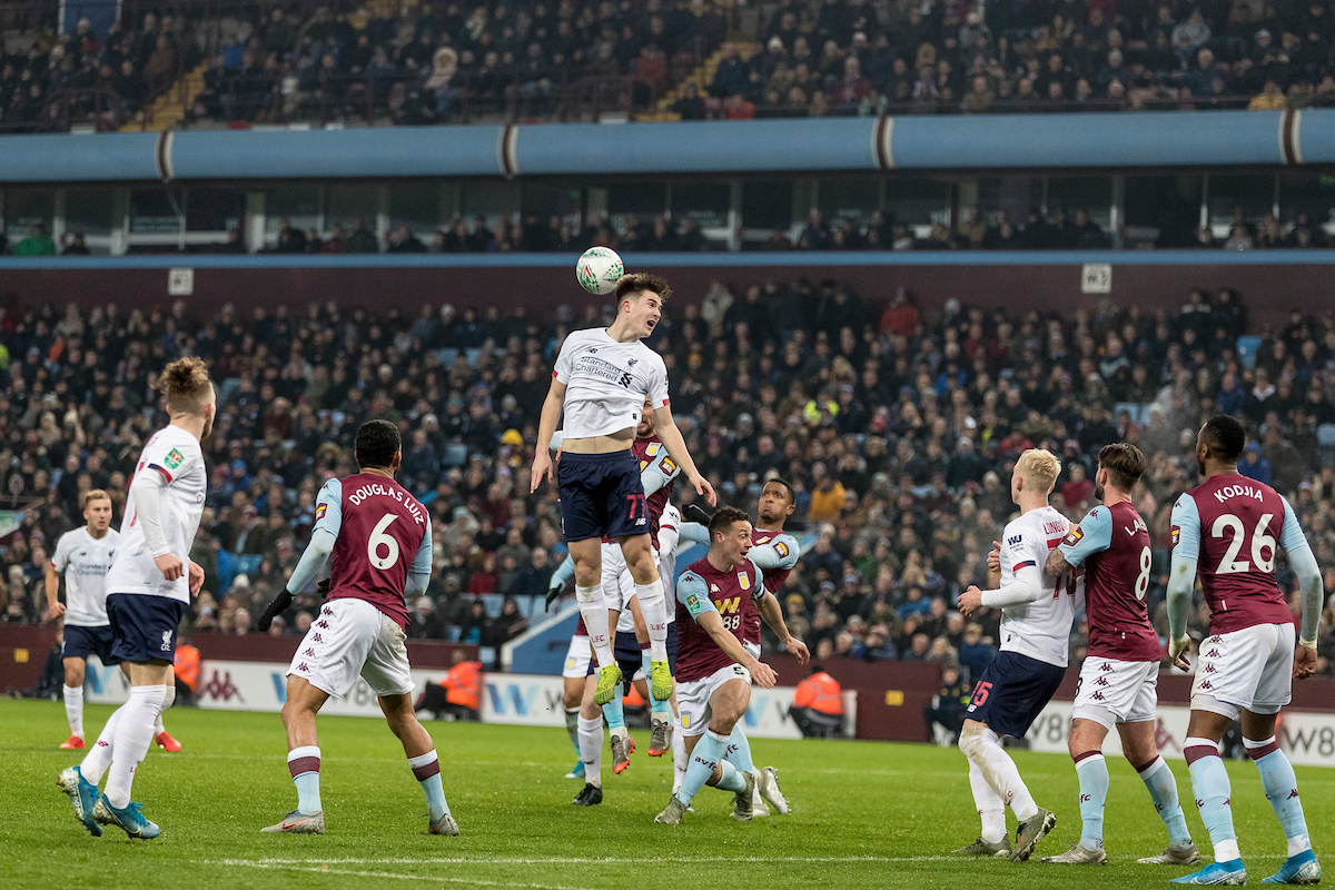 BIRMINGHAM, ENGLAND - Tuesday, December 17, 2019: Liverpool’s Morgan Boyes misses a header during the Football League Cup Quarter-Final between Aston Villa FC and Liverpool FC at Villa Park. (Pic by Paul Greenwood/Propaganda)