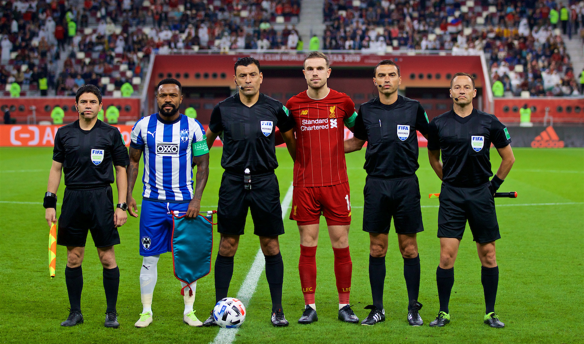 DOHA, QATAR - Wednesday, December 18, 2019: Liverpool's captain Jordan Henderson and CF Monterrey's captain Dorlan Pabon during the FIFA Club World Cup Qatar 2019 Semi-Final match between CF Monterrey and Liverpool FC at the Khalifa Stadium. (Pic by David Rawcliffe/Propaganda)