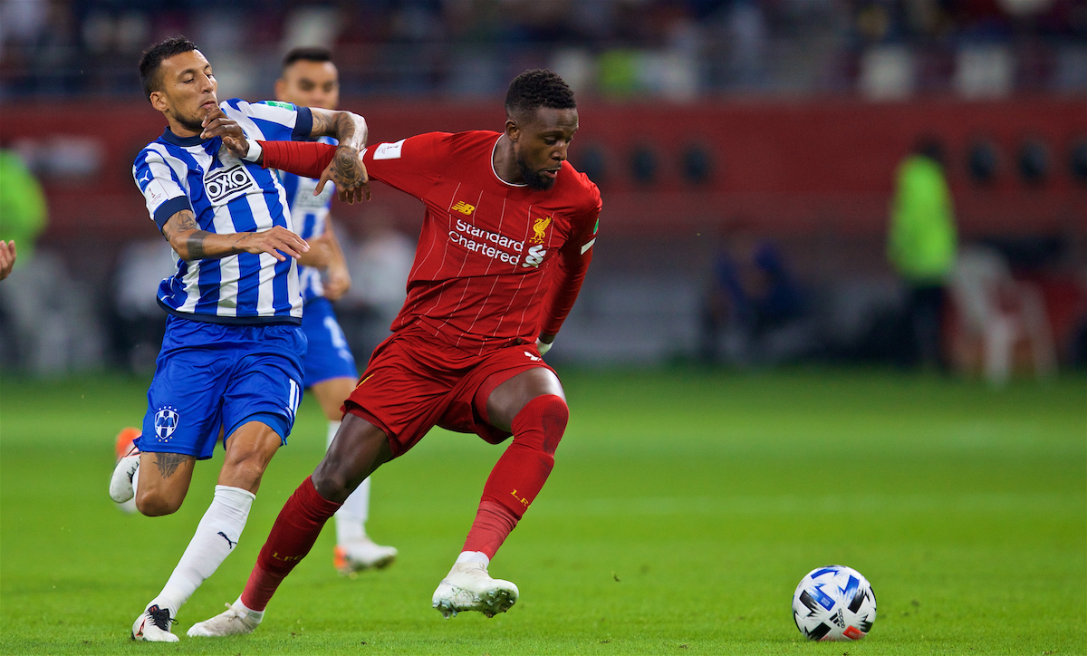 DOHA, QATAR - Wednesday, December 18, 2019: Liverpool's Divock Origi (L) during the FIFA Club World Cup Qatar 2019 Semi-Final match between CF Monterrey and Liverpool FC at the Khalifa Stadium. (Pic by David Rawcliffe/Propaganda)