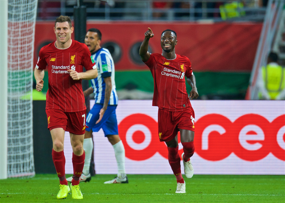 DOHA, QATAR - Wednesday, December 18, 2019: Liverpool's Naby Keita celebrates scoring the second goal during the FIFA Club World Cup Qatar 2019 Semi-Final match between CF Monterrey and Liverpool FC at the Khalifa Stadium. (Pic by Peter Powell/Propaganda)