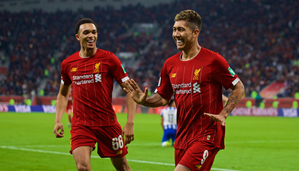 DOHA, QATAR - Wednesday, December 18, 2019: Liverpool's Roberto Firmino (R) celebrates scoring the second goal with team-mate Trent Alexander-Arnold during the FIFA Club World Cup Qatar 2019 Semi-Final match between CF Monterrey and Liverpool FC at the Khalifa Stadium. (Pic by David Rawcliffe/Propaganda)