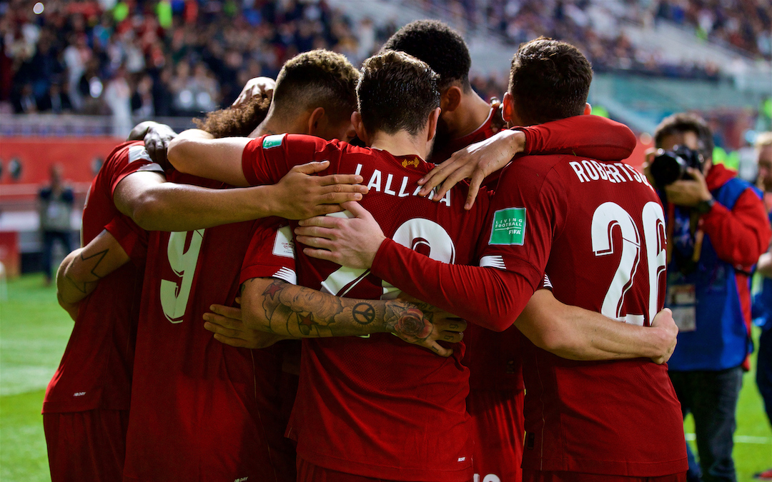 DOHA, QATAR - Wednesday, December 18, 2019: Liverpool's Roberto Firmino celebrates scoring the second goal with team-mates during the FIFA Club World Cup Qatar 2019 Semi-Final match between CF Monterrey and Liverpool FC at the Khalifa Stadium. (Pic by David Rawcliffe/Propaganda)