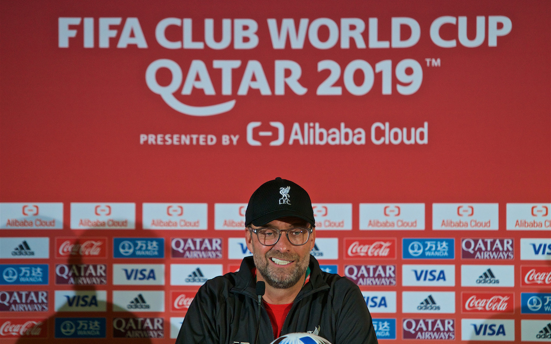 DOHA, QATAR - Friday, December 20, 2019: Liverpool's manager Jürgen Klopp during a press conference ahead of the FIFA Club World Cup Qatar 2019 Final match between CR Flamengo and Liverpool FC at the Khalifa Stadium. (Pic by Peter Powell/Propaganda)