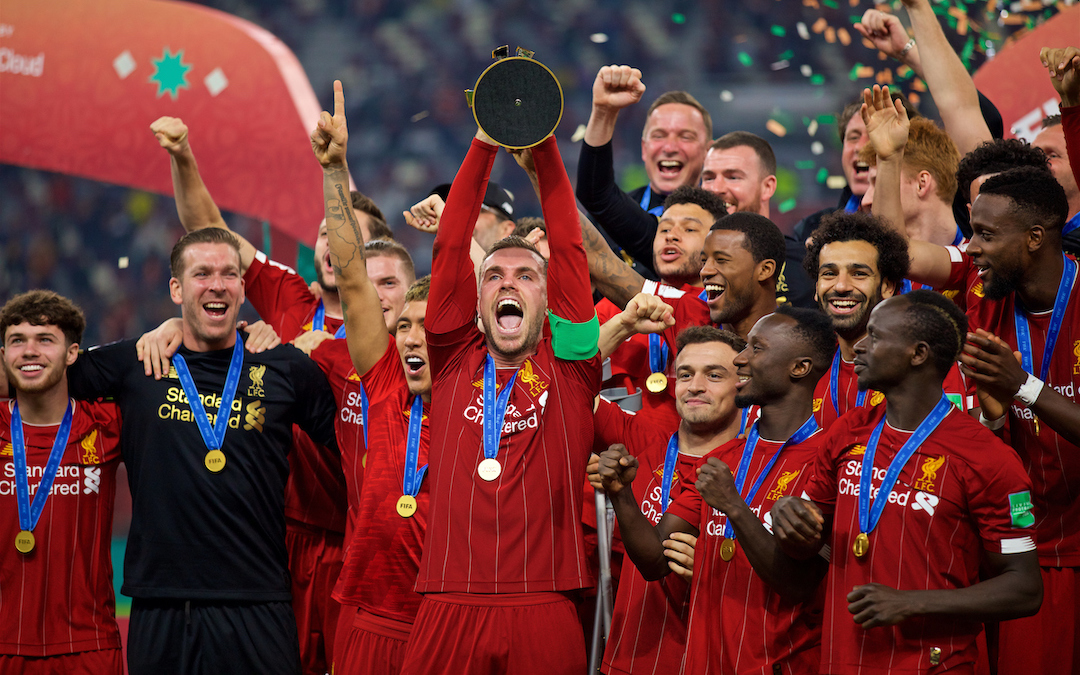 DOHA, QATAR - Saturday, December 21, 2019: Liverpool's captain Jordan Henderson lifts FIFA Club World Cup trophy after the FIFA Club World Cup Qatar 2019 Final match between CR Flamengo and Liverpool FC at the Khalifa Stadium. Liverpool won 1-0. (Pic by David Rawcliffe/Propaganda)