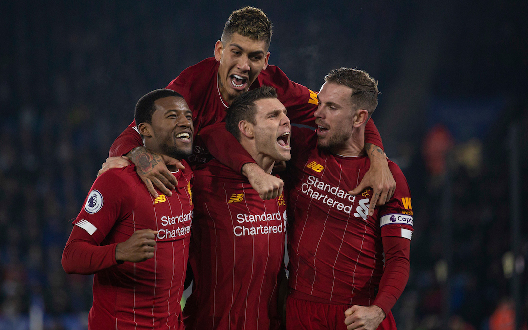 LEICESTER, ENGLAND - Thursday, December 26, 2019: Liverpool's James Milner (C) celebrates scoring the second goal, from a penalty kick, with team-mate Georginio Wijnaldum (L), captain Jordan Henderson (R) and Roberto Firmino (top) during the FA Premier League match between Leicester City FC and Liverpool FC at the King Power Stadium. (Pic by David Rawcliffe/Propaganda)