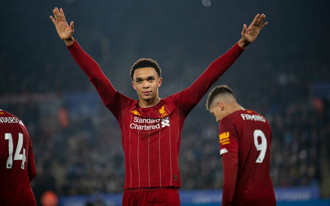 LEICESTER, ENGLAND - Thursday, December 26, 2019: Liverpool's Trent Alexander-Arnold celebrates scoring the fourth goal during the FA Premier League match between Leicester City FC and Liverpool FC at the King Power Stadium. (Pic by David Rawcliffe/Propaganda)