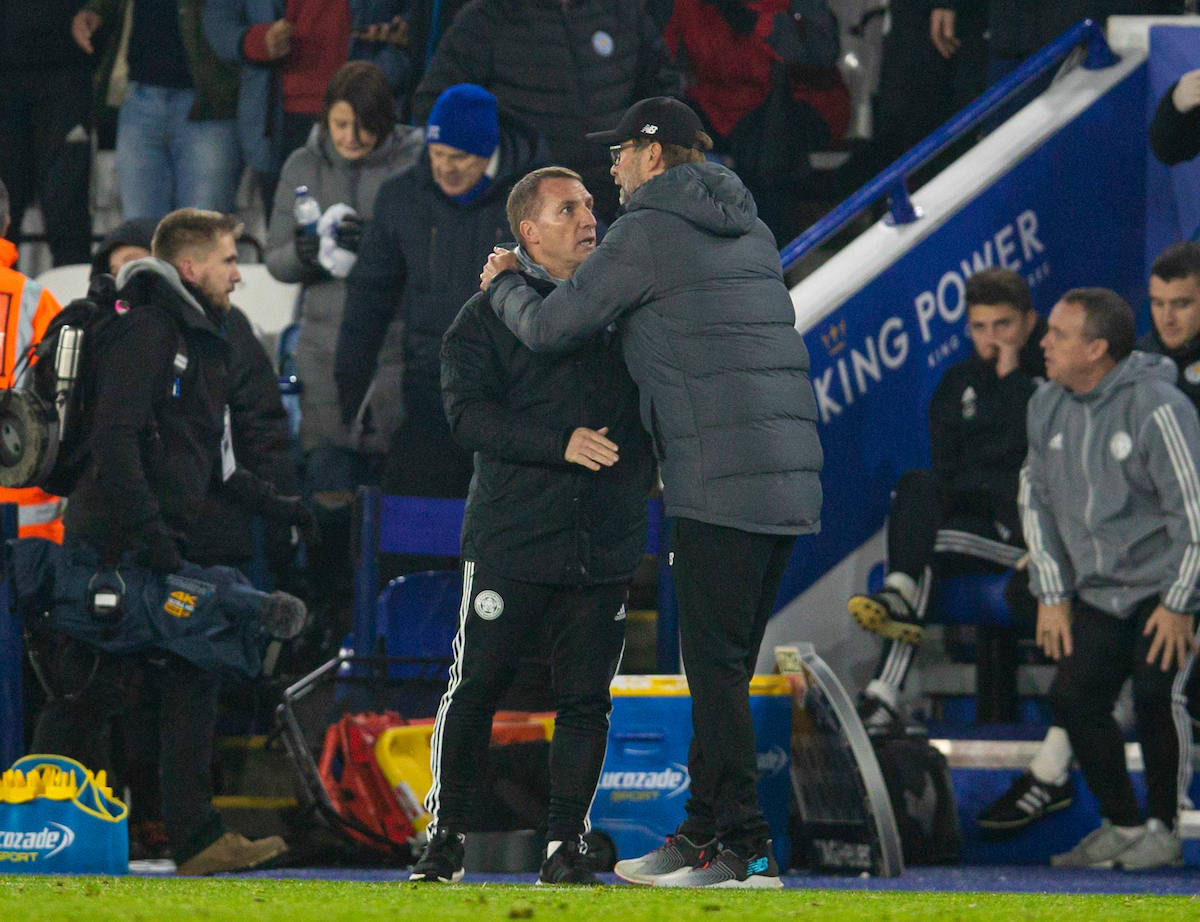 LEICESTER, ENGLAND - Thursday, December 26, 2019: Liverpool's manager Jürgen Klopp (R) shakes hands with Leicester City's manager Brendan Rodgers after the FA Premier League match between Leicester City FC and Liverpool FC at the King Power Stadium. Liverpool won 4-0. (Pic by David Rawcliffe/Propaganda)