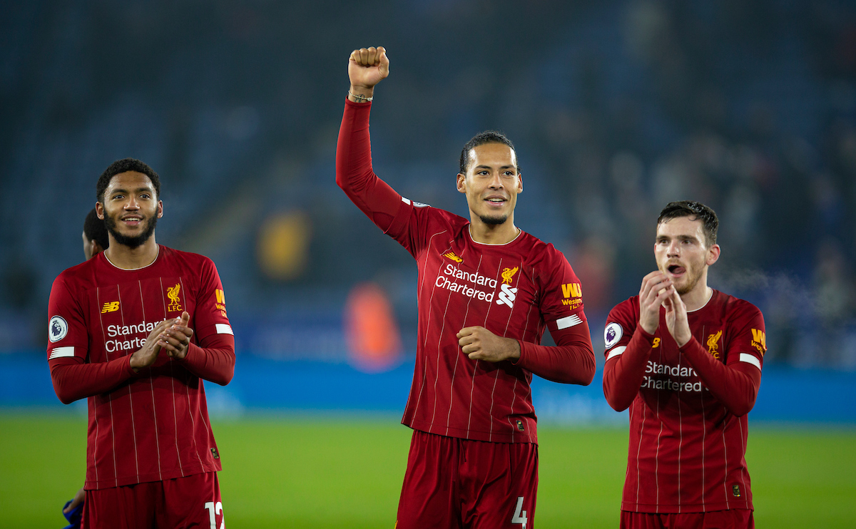 LEICESTER, ENGLAND - Thursday, December 26, 2019: Liverpool's (L-R) Joe Gomez, Virgil van Dijk and Andy Robertson celebrate after the FA Premier League match between Leicester City FC and Liverpool FC at the King Power Stadium. Liverpool won 4-0. (Pic by David Rawcliffe/Propaganda)