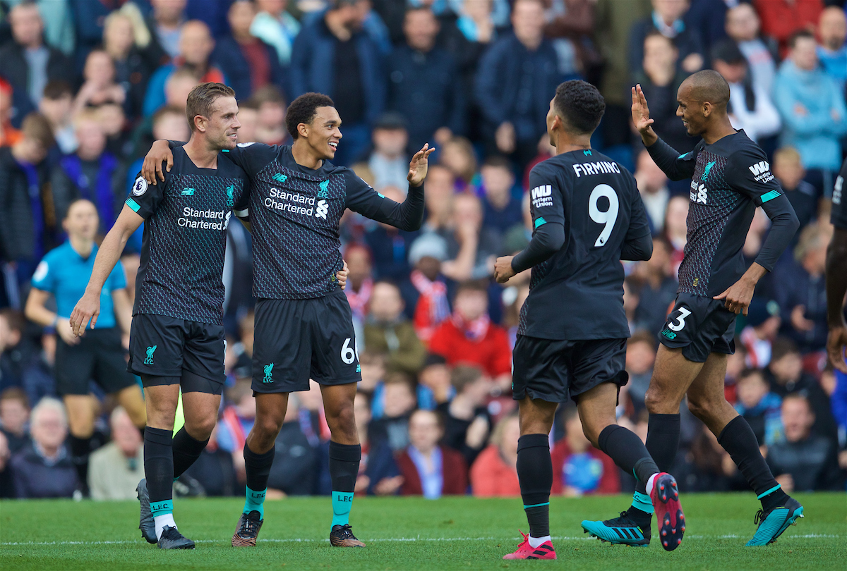 BURNLEY, ENGLAND - Saturday, August 31, 2019: Liverpool's Trent Alexander-Arnold celebrates the first goal with team-mates captain Jordan Henderson, Fabio Henrique Tavares 'Fabinho' and Roberto Firmino during the FA Premier League match between Burnley FC and Liverpool FC at Turf Moor. (Pic by David Rawcliffe/Propaganda)