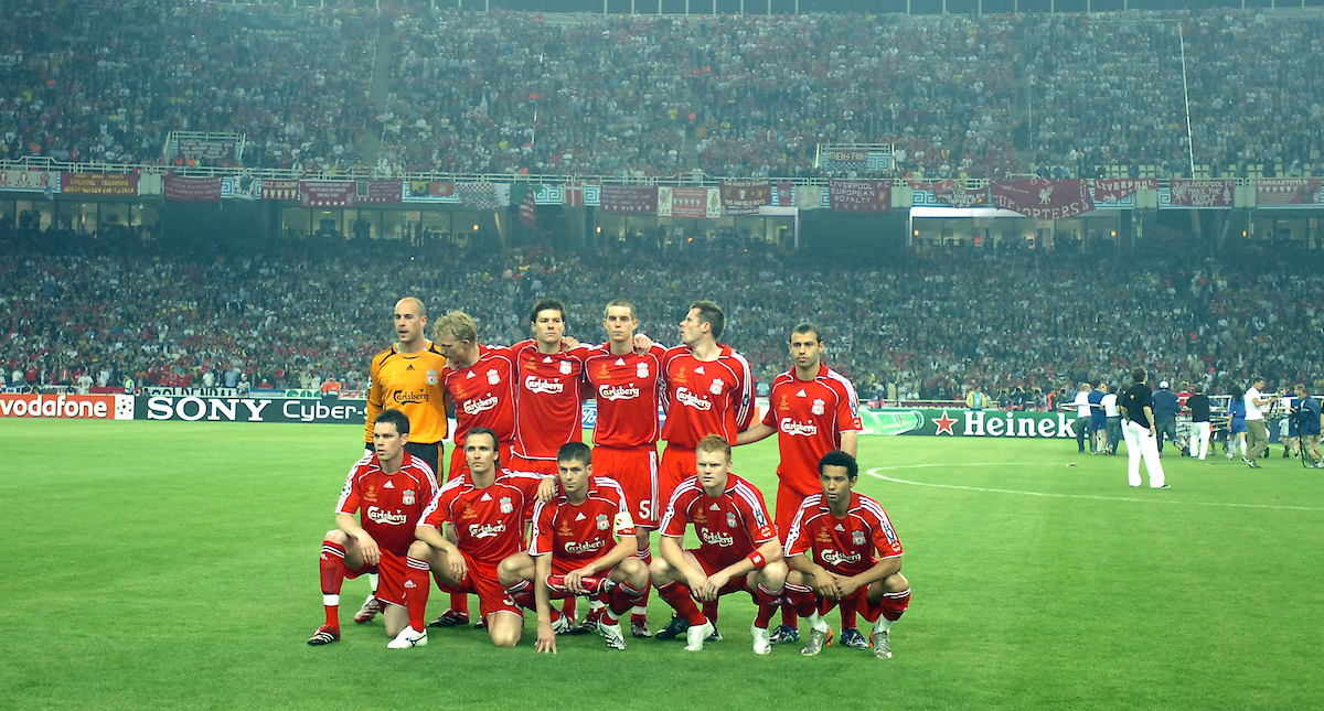 Athens, Greece - Wednesday, May 23, 2007: Liverpool's goalkeeper Jose Reina, Dirk Kuyt, Xabi Alonso, Daniel Agger, Jamie Carragher, Javier Mascherano, Steve Finnan, Boudewijn Zenden, Steven Gerrard, John Arne Riise and Jermaine Pennant before the UEFA Champions League Final against AC Milan at the OACA Spyro Louis Olympic Stadium. (Pic by Jason Roberts/Propaganda)