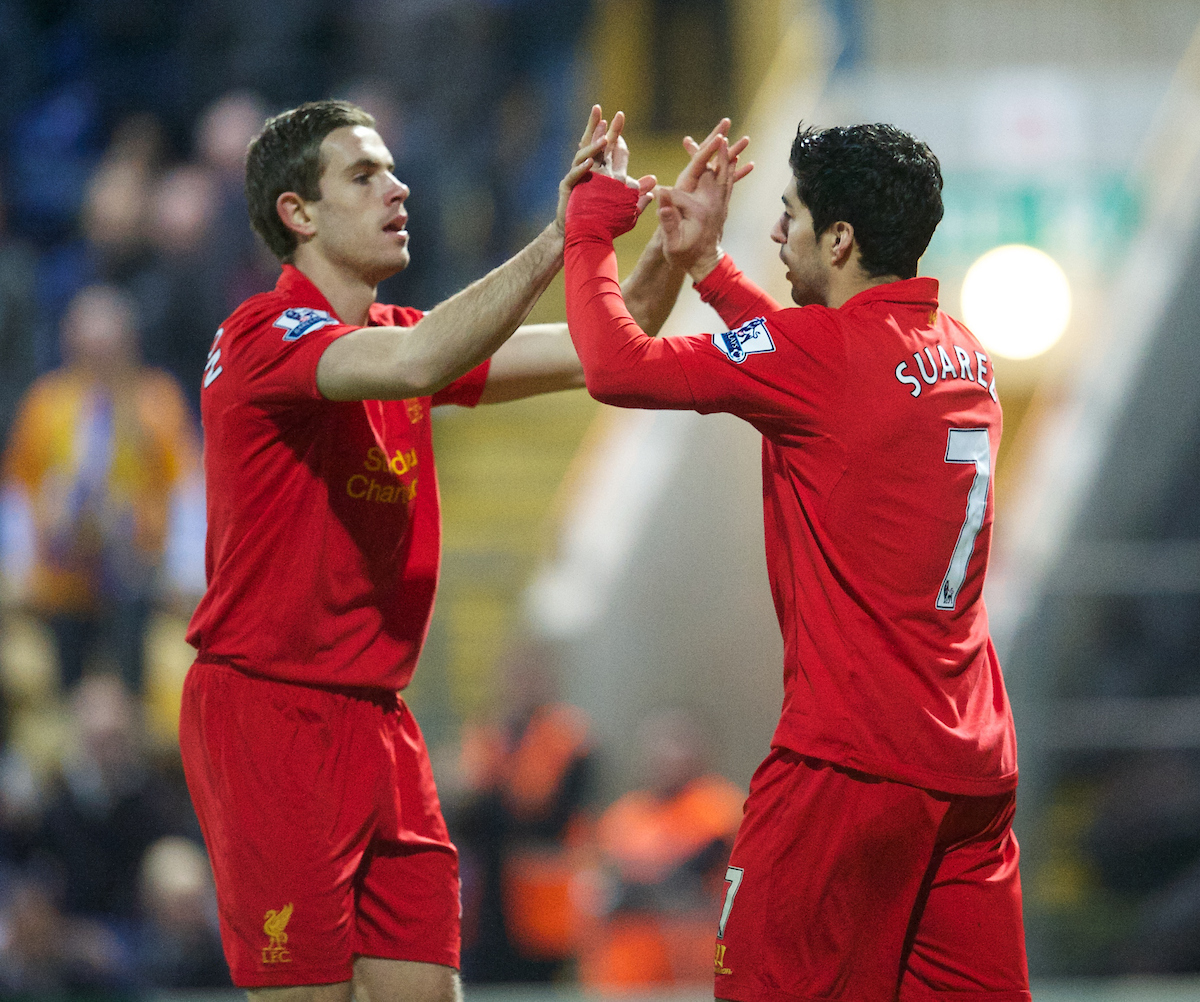 MANSFIELD, ENGLAND - Sunday, January 6, 2013: Liverpool's Luis Alberto Suarez Diaz celebrates scoring the second goal against Mansfield Town with Jordan Henderson during the FA Cup 3rd Round match at Field Mill. (Pic by David Rawcliffe/Propaganda)