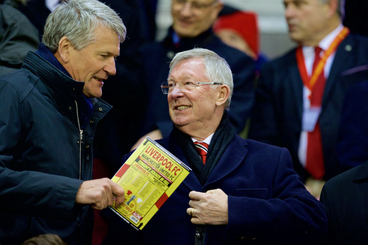 LIVERPOOL, ENGLAND - Thursday, March 10, 2016: Former Manchester United manager Alex Ferguson during the UEFA Europa League Round of 16 1st Leg match against Liverpool at Anfield. (Pic by David Rawcliffe/Propaganda)