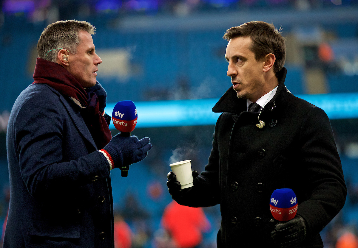 MANCHESTER, ENGLAND - Thursday, January 3, 2019: Former Liverpool player Jamie Carragher (L) and former Manchester United player Gary Neville working for Sky Sports before the FA Premier League match between Manchester City FC and Liverpool FC at the Etihad Stadium. (Pic by David Rawcliffe/Propaganda)