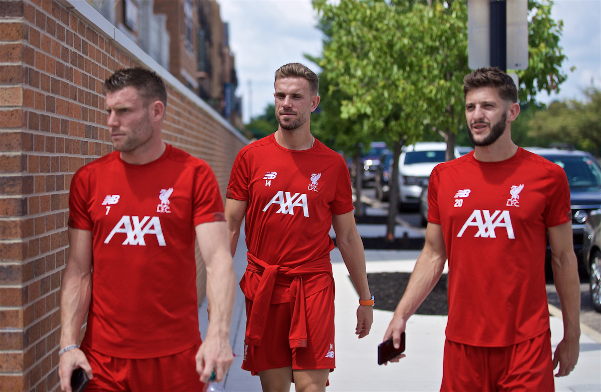 SOUTH BEND, INDIANA, USA - Wednesday, July 17, 2019: Liverpool's James Milner, captain Jordan Henderson and Adam Lallana take a walk on day two of the club's pre-season tour of America. (Pic by David Rawcliffe/Propaganda)