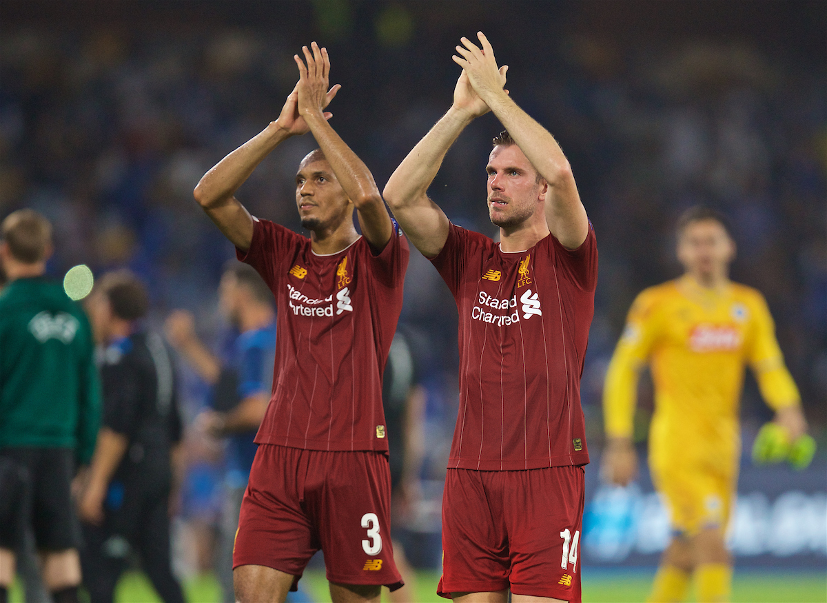 NAPLES, ITALY - Tuesday, September 17, 2019: Liverpool's Fabio Henrique Tavares 'Fabinho' (L) and captain Jordan Henderson applaud the supporters after the UEFA Champions League Group E match between SSC Napoli and Liverpool FC at the Studio San Paolo. Napoli won 2-0. (Pic by David Rawcliffe/Propaganda)