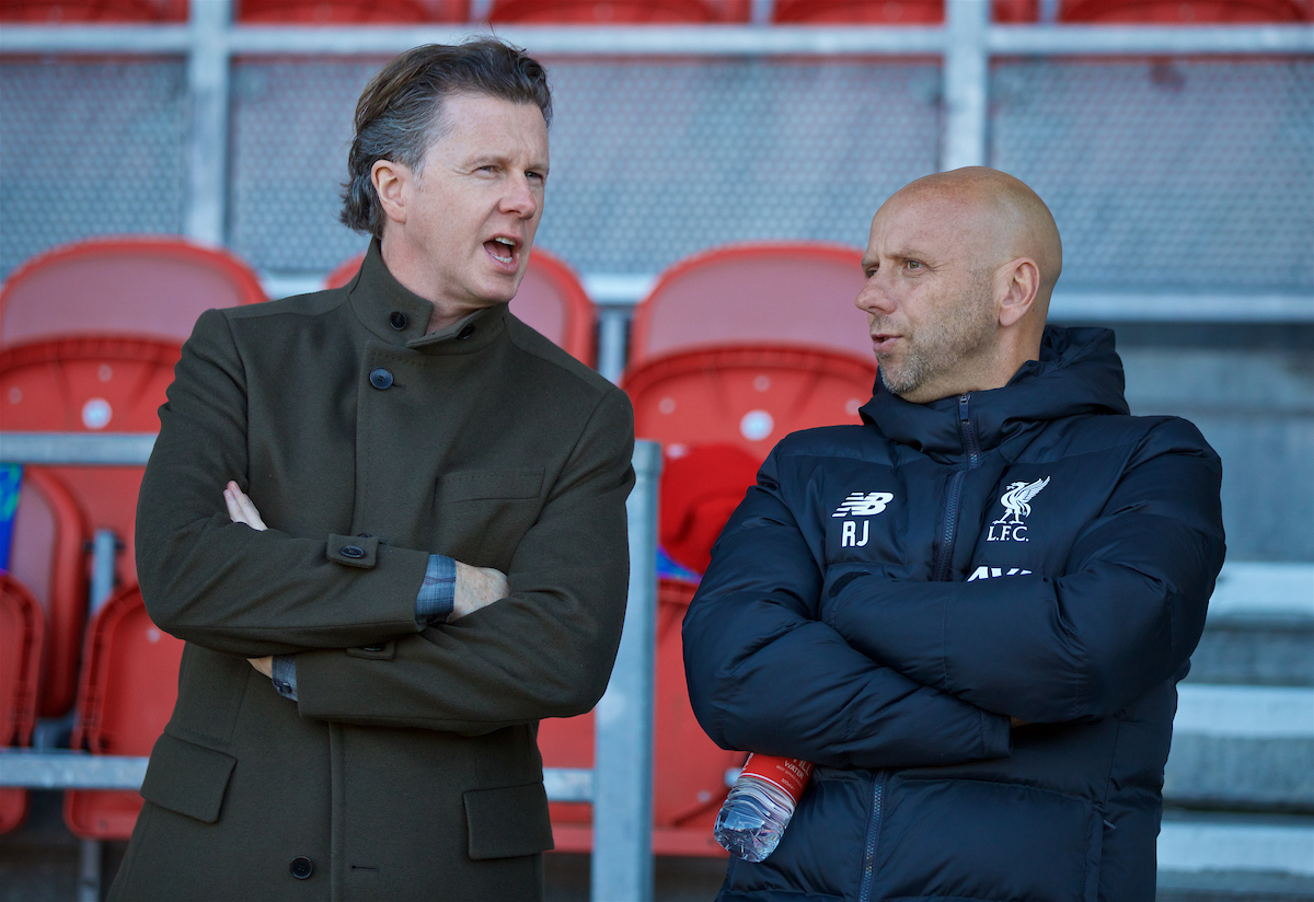 ST HELENS, ENGLAND - Wednesday, October 2, 2019: Former Liverpool players Steve McManaman (L) and Rob Jones during the UEFA Youth League Group E match between Liverpool FC Under-19's and FC Salzburg Under-19's  at Langtree Park. (Pic by David Rawcliffe/Propaganda)