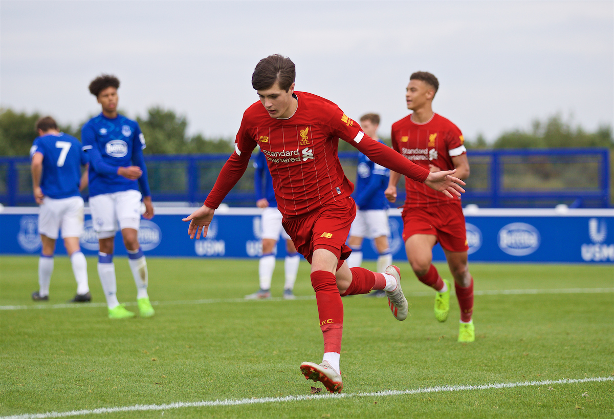 LIVERPOOL, ENGLAND - Saturday, October 5, 2019: Liverpool's Layton Stewart celebrates after scoring the second goal from a penalty kick during the Under-18 FA Premier League match between Everton FC and Liverpool FC at Finch Farm. (Pic by David Rawcliffe/Propaganda)