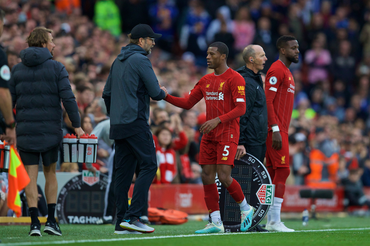 LIVERPOOL, ENGLAND - Saturday, October 5, 2019: Liverpool's Georginio Wijnaldum shakes hands with manager Jürgen Klopp after being substituted during the FA Premier League match between Liverpool FC and Leicester City FC at Anfield. (Pic by David Rawcliffe/Propaganda)