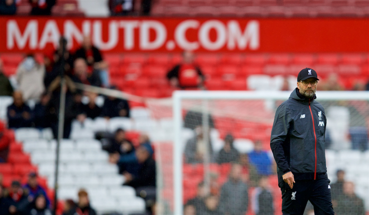 MANCHESTER, ENGLAND - Saturday, October 19, 2019: Liverpool's manager Jürgen Klopp during the pre-match warm-up before the FA Premier League match between Manchester United FC and Liverpool FC at Old Trafford. (Pic by David Rawcliffe/Propaganda)