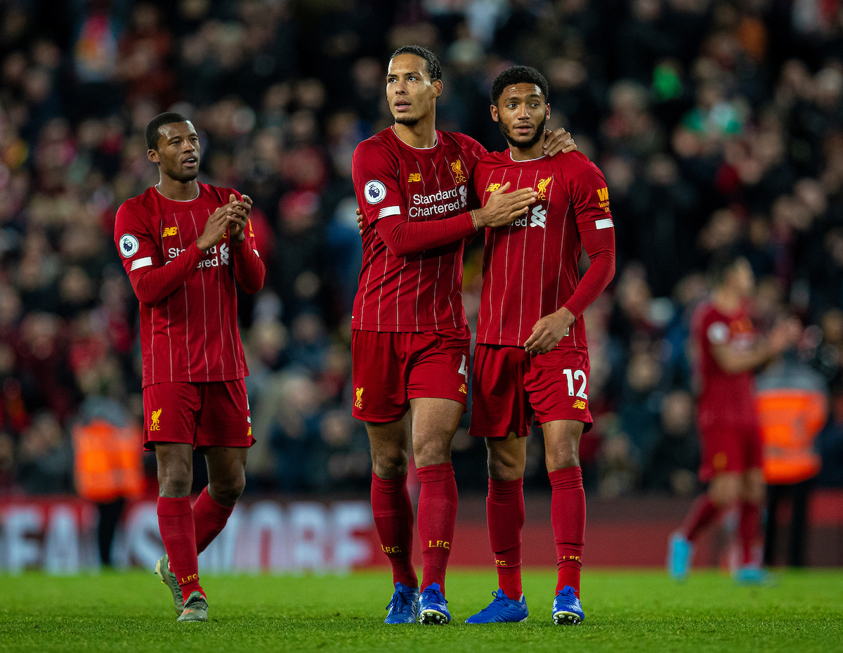 LIVERPOOL, ENGLAND - Wednesday, December 4, 2019: Liverpool's (L-R) Georginio Wijnaldum, Virgil van Dijk and Joe Gomez after the FA Premier League match between Liverpool FC and Everton FC, the 234th Merseyside Derby, at Anfield. Liverpool won 5-2. (Pic by David Rawcliffe/Propaganda)