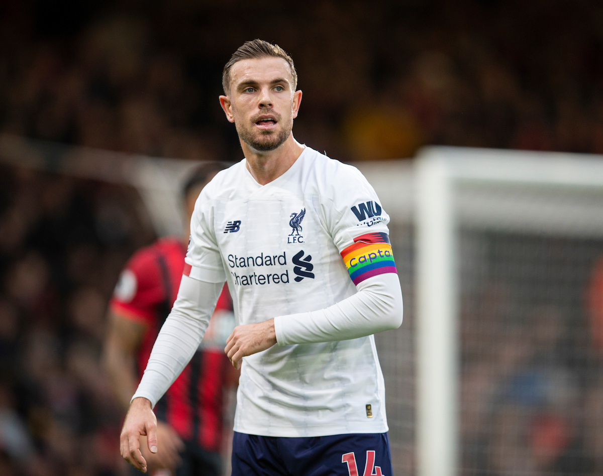 BOURNEMOUTH, ENGLAND - Saturday, December 7, 2019: Liverpool's captain Jordan Henderson, wearingf a rainbow coloured armband, during the FA Premier League match between AFC Bournemouth and Liverpool FC at the Vitality Stadium. (Pic by David Rawcliffe/Propaganda)