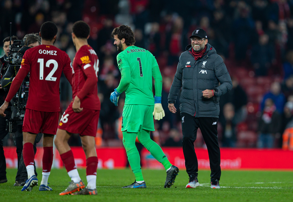 LIVERPOOL, ENGLAND - Sunday, December 29, 2019: Liverpool's manager Jürgen Klopp celebrates after the FA Premier League match between Liverpool FC and Wolverhampton Wanderers FC at Anfield. Liverpool won 1-0. (Pic by David Rawcliffe/Propaganda)