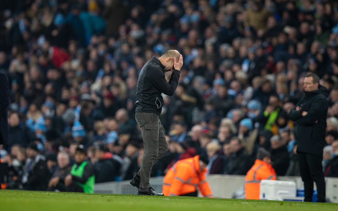 MANCHESTER, ENGLAND - Wednesday, January 1, 2020: Manchester City's manager Pep Guardiola reacts during the FA Premier League match between Manchester City FC and Everton FC at the City of Manchester Stadium. (Pic by David Rawcliffe/Propaganda)