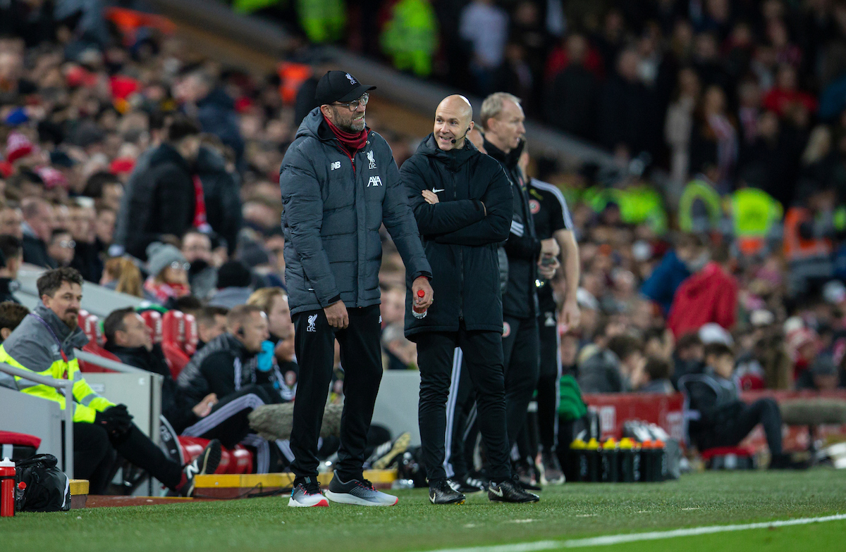 LIVERPOOL, ENGLAND - Thursday, January 2, 2020: Liverpool's manager Jürgen Klopp (L) and fourth official Anthony Taylor during the FA Premier League match between Liverpool FC and Sheffield United FC at Anfield. (Pic by David Rawcliffe/Propaganda)