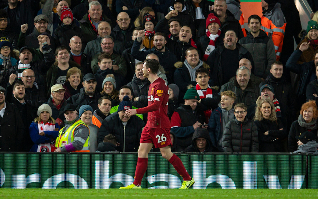 LIVERPOOL, ENGLAND - Thursday, January 2, 2020: Liverpool's Scotland international Andy Robertson walks past Sheffield United supporters chanting "England" as he is forced to walk around the pitch after being substituted due to new rules during the FA Premier League match between Liverpool FC and Sheffield United FC at Anfield. (Pic by David Rawcliffe/Propaganda)