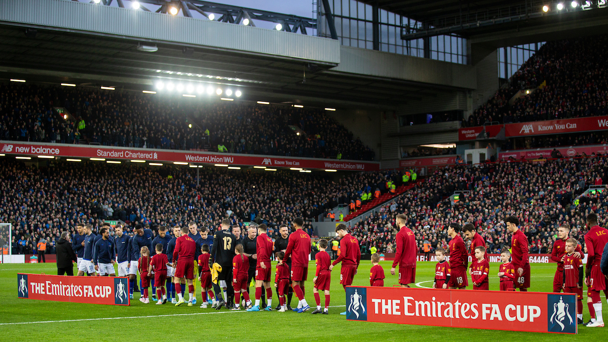 LIVERPOOL, ENGLAND - Sunday, January 5, 2020: Liverpool and Everton players shake hands before the FA Cup 3rd Round match between Liverpool FC and Everton FC, the 235th Merseyside Derby, at Anfield. (Pic by David Rawcliffe/Propaganda)