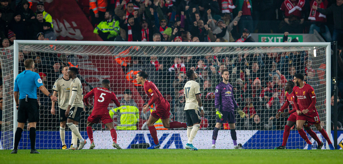 LIVERPOOL, ENGLAND - Sunday, January 19, 2020: Liverpool's Virgil van Dijk celebrates scoring the first goal during the FA Premier League match between Liverpool FC and Manchester United FC at Anfield. (Pic by David Rawcliffe/Propaganda)