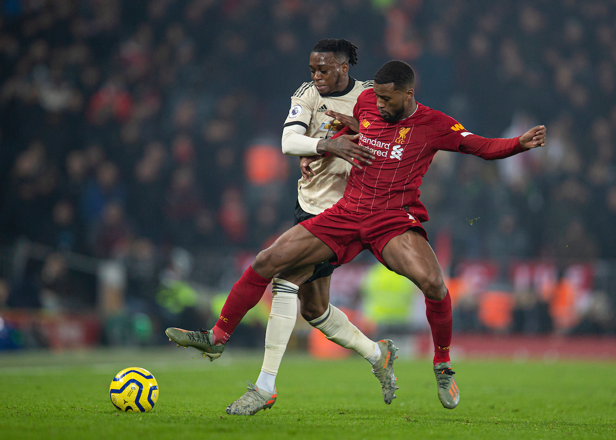LIVERPOOL, ENGLAND - Sunday, January 19, 2020: Liverpool's Georginio Wijnaldum (R) and Manchester United's Aaron Wan-Bissaka during the FA Premier League match between Liverpool FC and Manchester United FC at Anfield. (Pic by David Rawcliffe/Propaganda)