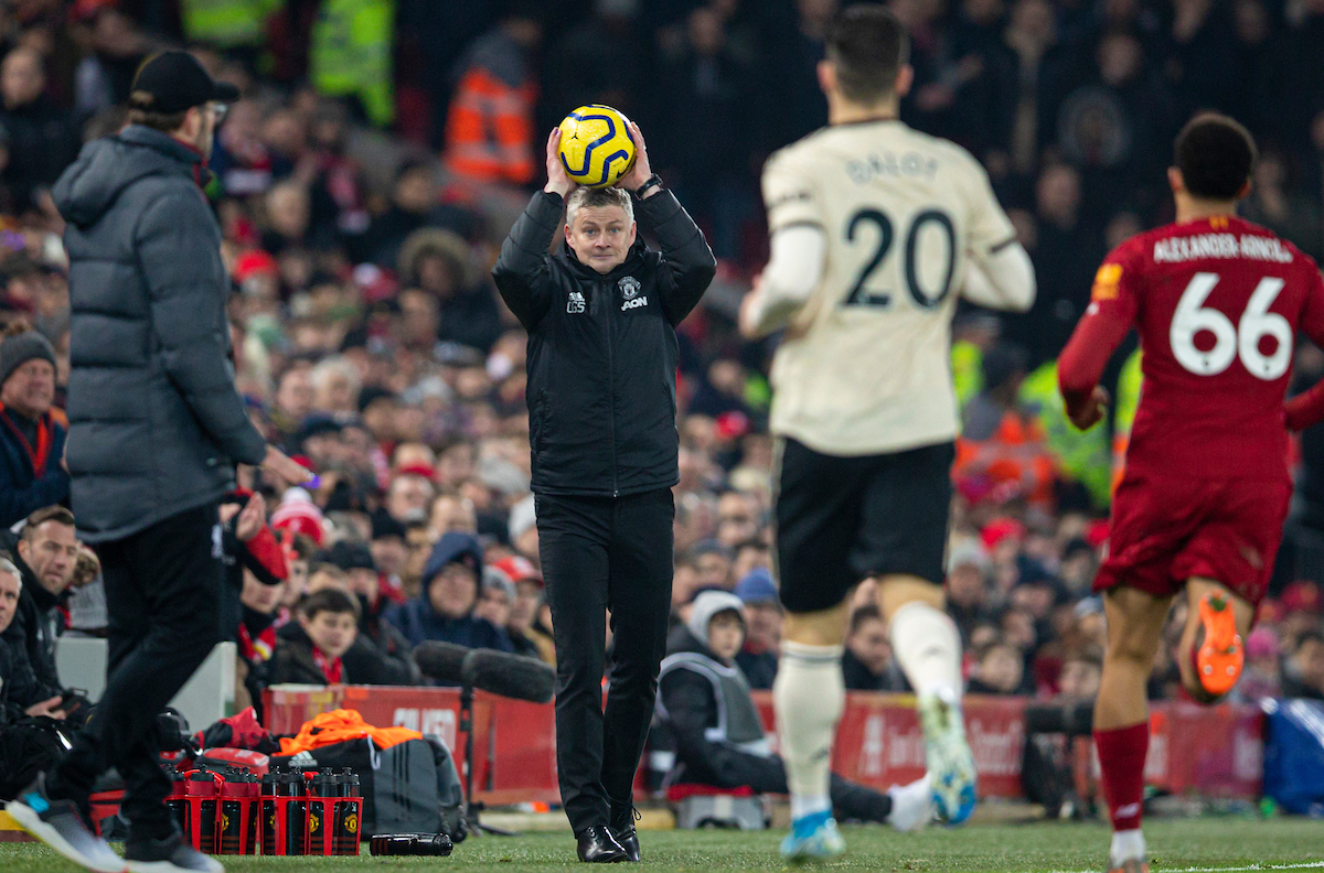 LIVERPOOL, ENGLAND - Sunday, January 19, 2020: Manchester United's manager Ole Gunnar Solskjær with the ball during the FA Premier League match between Liverpool FC and Manchester United FC at Anfield. (Pic by David Rawcliffe/Propaganda)